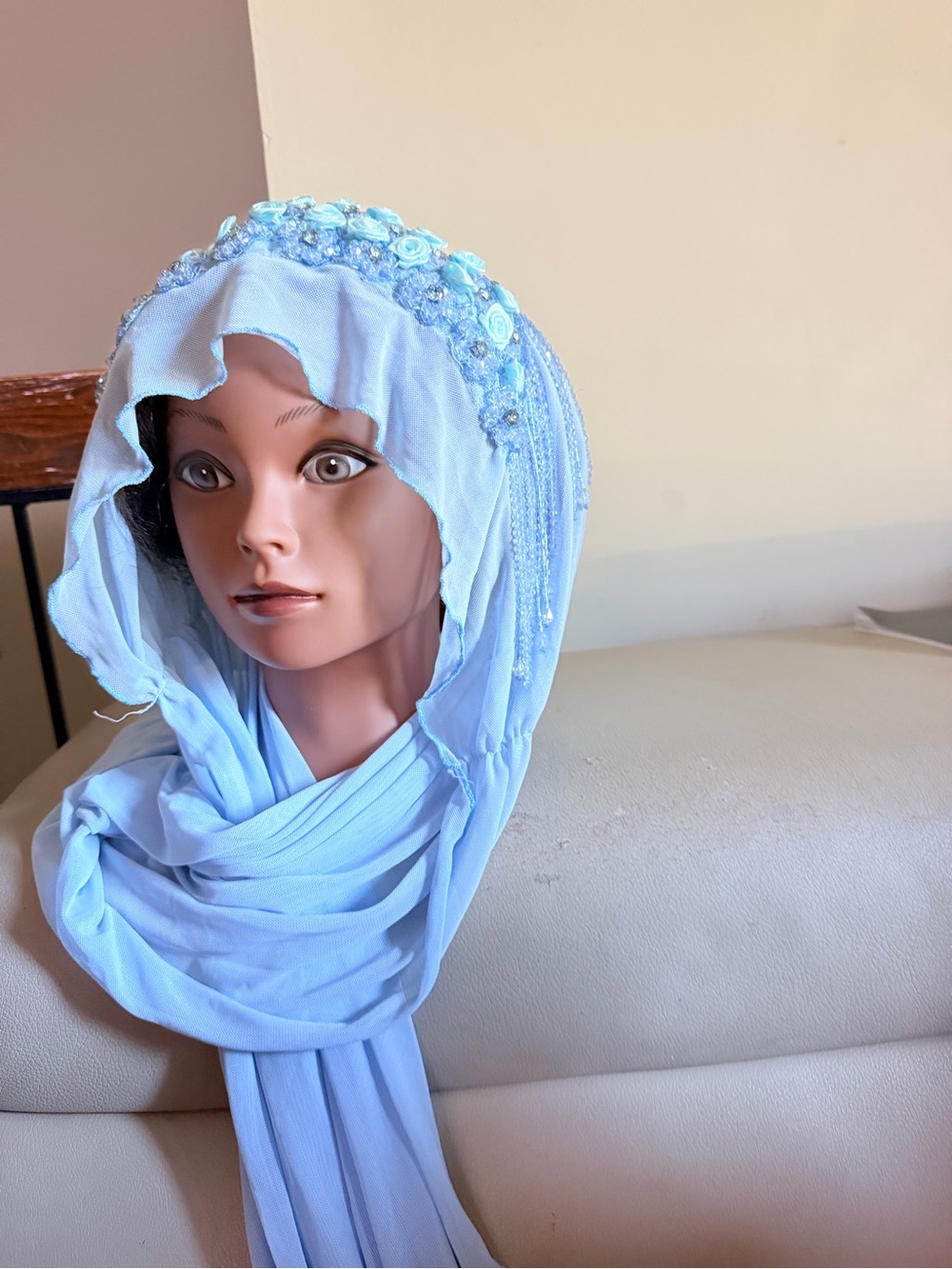 Light Blue Floral Beaded Hijab Scarf
